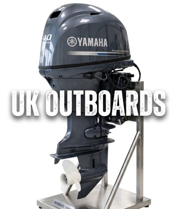 2020 Yamaha 40HP Four-Stroke Yamaha Outboard Engine A profile view of a clean 2020 Yamaha 40HP four-stroke yamaha outboard engine with a 20-inch long shaft, showing the immaculate dark grey top cowling, pristine marine lower unit, and the factory-installed aluminum propeller.