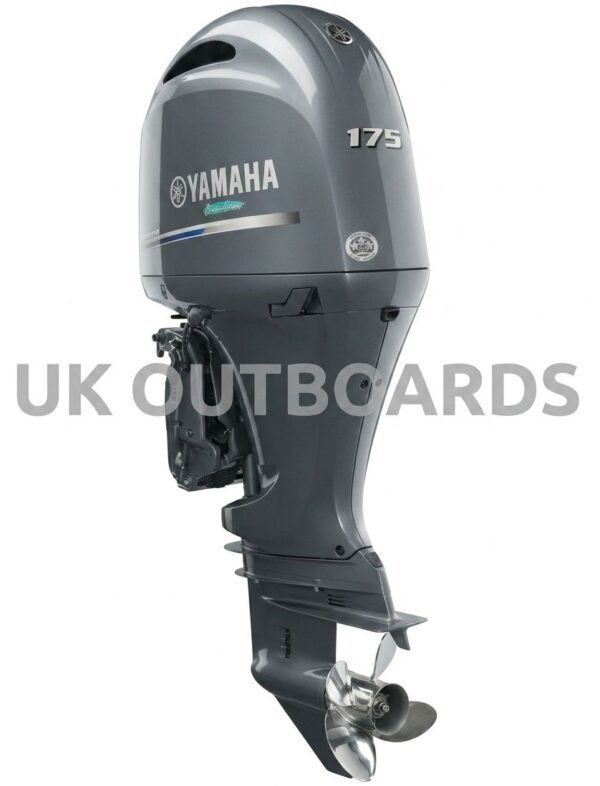 Yamaha 175hp Outboard for Sale - 2022 4-Stroke F175 Inline 4 Engine Profile shot of a clean 2022 Yamaha 175HP four stroke marine engine on a rigging stand, highlighting the factory integrated hydraulic steering assembly for boat owners browsing a yamaha 175hp outboard for sale.