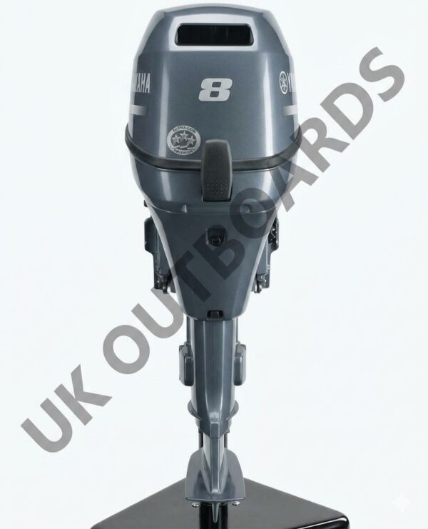 A side profile view of a pre-owned 2014 Yamaha F8SMHA 8HP four-stroke portable boat engine, providing an excellent value option for boaters researching secondary market yamaha outboard prices.