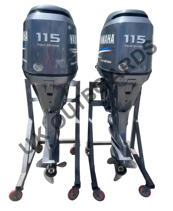 Twin Yamaha Outboards for Sale - Matched Pair 115HP F115 25-Inch Shaft Matched pair of twin yamaha outboards for sale showing standard and counter-rotation 2004 Yamaha 115HP four-stroke marine engines on a shipping pallet.