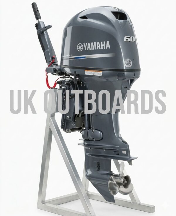 2017-Yamaha-60HP-F60-Yamaha-Tiller-Control-Motor A side profile view of a clean, pre-owned 2017 Yamaha 60HP four-stroke engine, showcasing an excellent upgrade option for boaters looking for a dependable yamaha Tiller control motor.