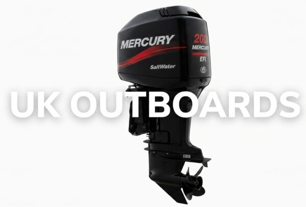 Mercury 200hp for Sale - 2004 2.5L EFI V6 Two-Stroke Outboard Profile view of a very good condition 2004 Mercury 200HP 2.5L V6 EFI outboard motor with a clean black factory cowling and solid transom mounting brackets, offering high performance for buyers hunting for a premium mercury 200hp for sale.