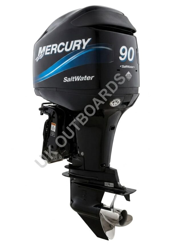 Mercury 90hp for Sale - 2005 OptiMax DFI Outboard Motor Side profile view of a clean 2005 Mercury OptiMax 90HP Two-Stroke DFI outboard engine with its factory black cowl intact, showcasing a 20-inch long shaft for marine buyers looking for a low-hour mercury 90hp for sale.