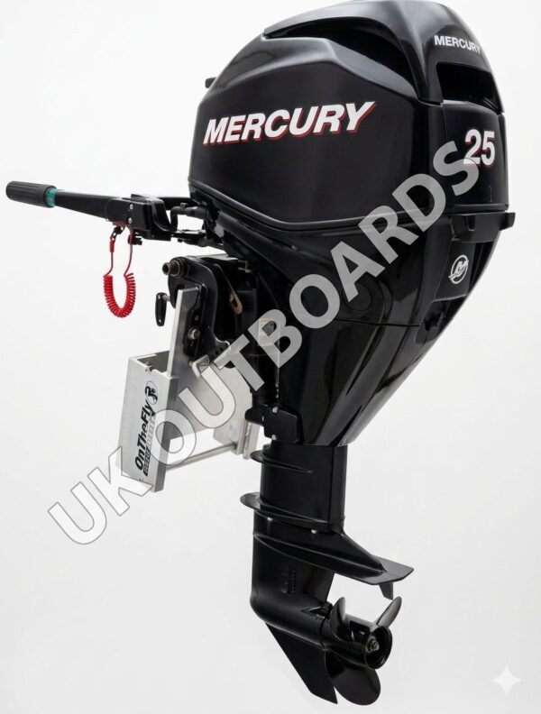 Mercury 25hp for Sale - 2012 FourStroke EFI Tiller Outboard Right profile view of a pre-owned 2012 Mercury 25HP FourStroke EFI tiller handle outboard engine with a 20-inch long shaft mounted on an adjustable electric jack plate, providing an immaculate turn-key mercury 25hp for sale option for utility boaters.