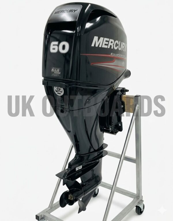 Mercury 60hp for Sale - 2012 FourStroke EFI Bigfoot Outboard Profile view of a clean, black 2012 Mercury 60HP EFI FourStroke outboard motor with a 20-inch long shaft and high-thrust Bigfoot gearcase, showcasing a premium pre-owned mercury 60hp for sale for pontoon and utility boats.