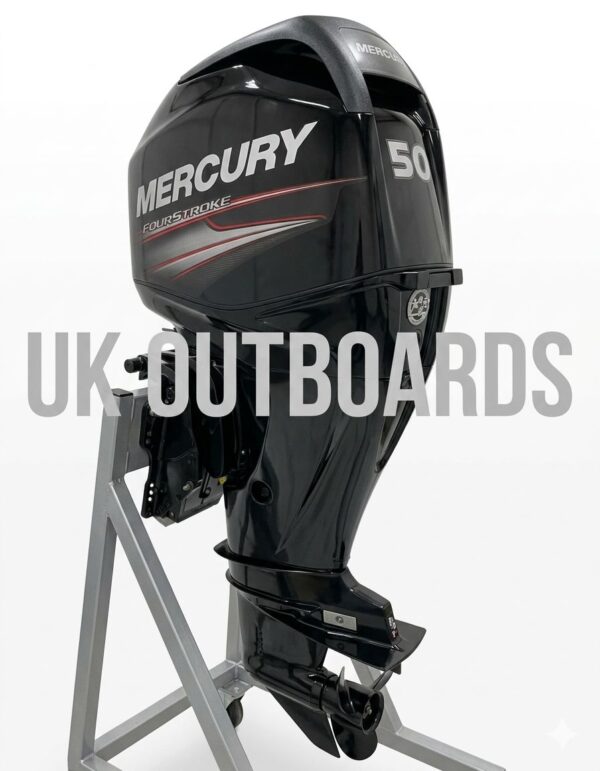 Front quarter view of a 100% original factory paint 2013 Mercury 50HP Four-Stroke EFI remote outboard engine on a workshop stand, displaying an immaculate black cowl for buyers looking for a clean mercury 50hp for sale.