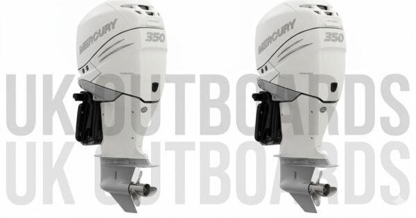 Used Mercury Outboards - Twin 2016 Mercury 350HP Verado FourStroke Rear transom view of a matched pair of 2016 Mercury 350 HP Verado 4-stroke marine engines mounted on a center console boat, highlighting the sleek black cowlings, 25-inch shafts, and dual standard and counter-rotation propellers for buyers looking at used mercury outboards.