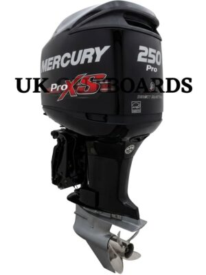 Profile view of a clean 2017 Mercury OptiMax 250HP Pro XS 2-stroke outboard motor with a 20-inch shaft and a Torque Master 2 lower unit, showcasing a high-performance mercury 250hp for sale for tournament bass boats.