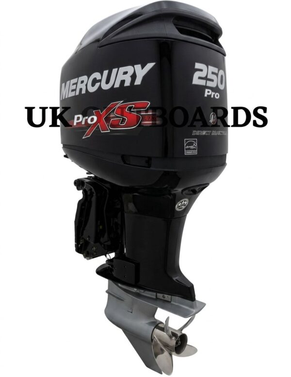 Mercury 250hp for Sale - 2017 OptiMax Pro XS Outboard Profile view of a clean 2017 Mercury OptiMax 250HP Pro XS 2-stroke outboard motor with a 20-inch shaft and a Torque Master 2 lower unit, showcasing a high-performance mercury 250hp for sale for tournament bass boats.