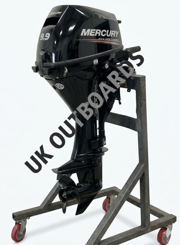 Three-quarter rear view of a super clean 2018 Mercury 9.9HP FourStroke outboard engine featuring a 20-inch long shaft, multi-function tiller handle, and dual electric and manual pull start configuration, displaying a premium mercury 9.9hp for sale listing.
