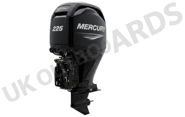 Front profile view of a clean, black 2020 Mercury 225HP V6 FourStroke outboard motor mounted on an engine stand, showcasing the immaculate top cowling, midsection brackets, and unblemished lower gearcase assembly for boaters looking at a premium mercury 225hp for sale.