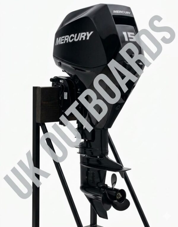 Clean Mercury 15hp Efi - 2020 FourStroke Short Shaft Tiller Assembly Close up view of the ergonomic multi function tiller handle and throttle grip assembly on a clean mercury 15hp efi four stroke outboard motor showcasing the integration of shifting, steering, and stopping controls.