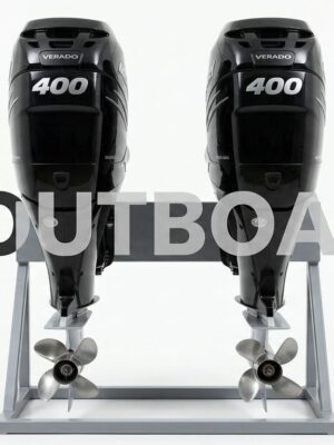 A matched pair of glossy black 2024 Mercury Verado 400hp L-6 four-stroke outboard motors with 25-inch shafts mounted on shipping crates, showcasing the sleek supercharged inline-6 engine cowlings and stainless steel propellers for buyers seeking premium Mercury 400hp outboards.