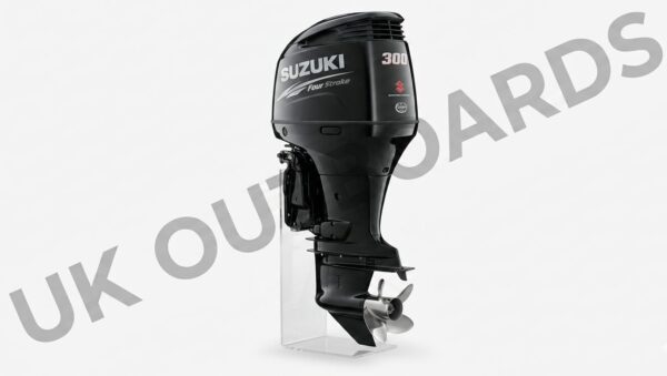 Used Suzuki 300hp Outboard - 2011 FourStroke XXL 30 Inch Transom Engine Side profile look of a used suzuki 300hp outboard showing the long 30 inch XXL leg drive assembly, shadow black motor cowling with prominent silver Suzuki decals, and a stainless steel three blade propeller.