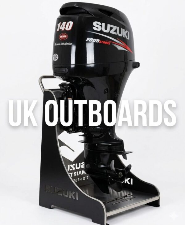 Reliable Suzuki 40hp Outboard - 2012 DF40A 4-Stroke Long Shaft Engine Side profile look of a reliable suzuki 40hp outboard engine showing the 20 inch long shaft leg assembly, gloss black powerhead cowling with silver Suzuki decals, and integrated power trim tilt bracket components.
