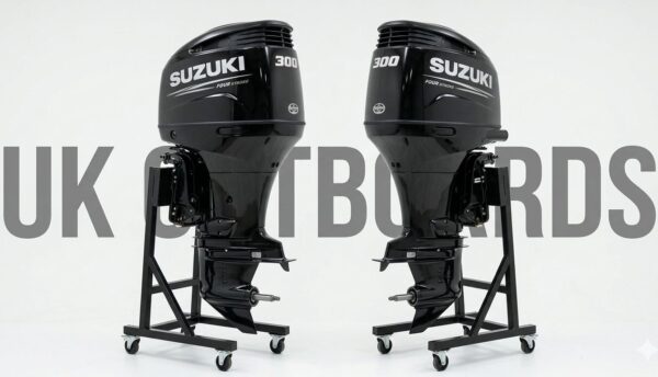 Premium Suzuki Df300 Set - Twin 2016 V6 FourStroke Fly-By-Wire Motors Rear view of a premium suzuki df300 set containing twin 2016 Suzuki 300hp four-stroke outboard motors mounted together on an offshore boat transom, showcasing their metallic black cowlings and sleek selective rotation lower units.