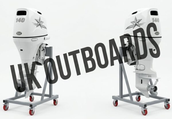 Matched Suzuki 140hp Pair - 2017 Twin Set Counter-Rotating Outboard Motors Studio profile of a high performance suzuki 140 hp outboard engine block detailing the signature black cowling graphics, robust midsection assembly, and high-thrust stainless steel propeller layout perfect for dual configuration rigging.