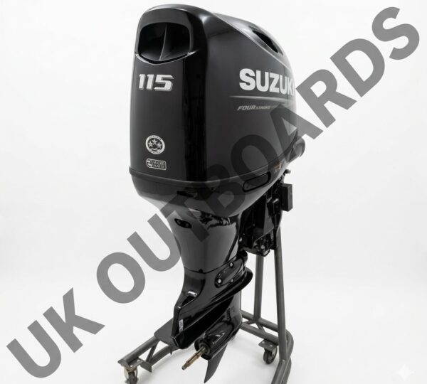 New Suzuki 115hp Motor - 2025 Suzuki DF115BTL 20 Inch Shaft Crate Engine Front profile layout view of a brand new Suzuki Outboards For Sale in premium pearl nebular black, highlighting the sleek 2025 B-Series aesthetic, redesigned upper cooling ventilation louvers, and structural power trim assembly.