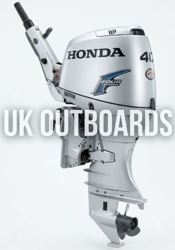 Clean Original Honda BF40 - 2004 40HP Four-Stroke Tiller Outboard Motor Left side profile of a clean original honda bf40 outboard motor showcasing its iconic metallic silver engine cowl, sleek upper body graphics, and integrated power trim tilt hydraulic assembly.