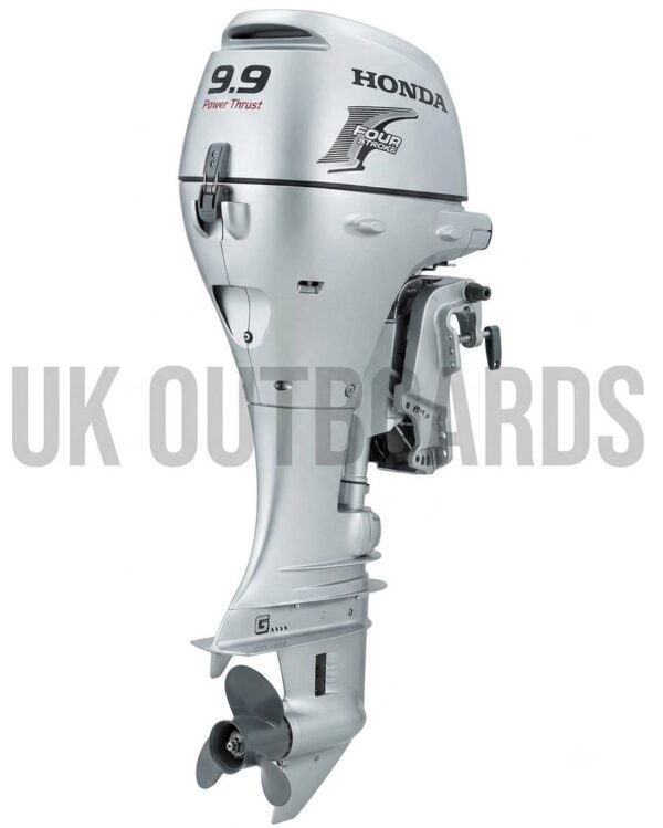 Excellent Honda 9.9HP Outboard - 2005 BF9.9 Extra-Long Shaft 25 Inch Engine Asset Three-quarter profile studio view of an excellent honda 9.9hp outboard motor emphasizing its iconic metallic silver cowling body with bold 9.9 branding, an extended extra-long shaft casing, integrated mounting bracket, and standard black three-blade propulsion propeller.