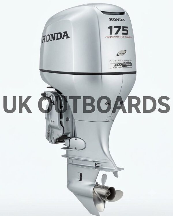 Reliable Honda BF175 Outboard - 2010 175HP 4-Stroke V6 Engine Asset Right side profile view of a reliable honda bf175 outboard motor highlighting its clean silver metallic V6 engine cowl housing, factory graphics, robust midsection, and high-performance polished stainless steel propeller assembly.
