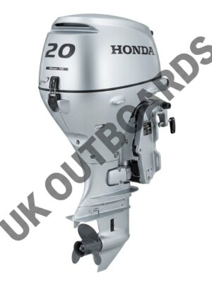 Left side profile view of a clean reliable honda bf20 motor showing its compact metallic aquamarine silver powerhead cowling, integrated tilt support lock lever, and brand new factory black propeller assembly.