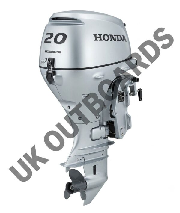 Reliable Honda BF20 Motor - 2017 20HP Short Shaft Power Trim Outboard Left side profile view of a clean reliable honda bf20 motor showing its compact metallic aquamarine silver powerhead cowling, integrated tilt support lock lever, and brand new factory black propeller assembly.