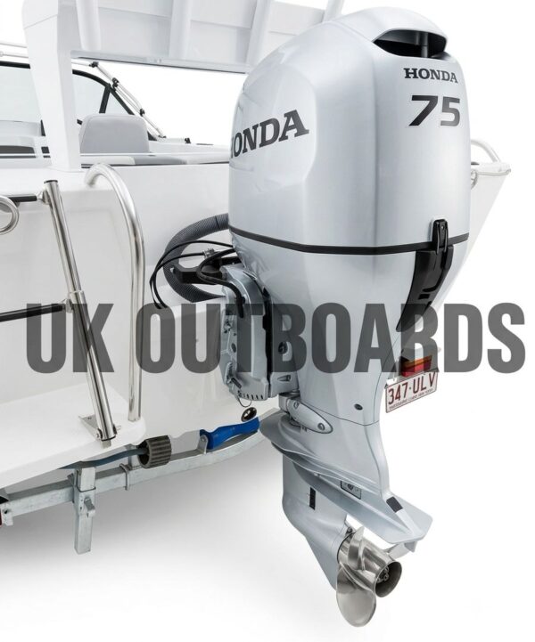 Premium Honda BF75 Outboard - 2021 75HP 4-Stroke Long Shaft Engine Right profile display of a premium honda bf75 outboard engine showing its signature metallic silver cowl finish, crisp factory brand markings, and high-performance polished stainless steel propeller.