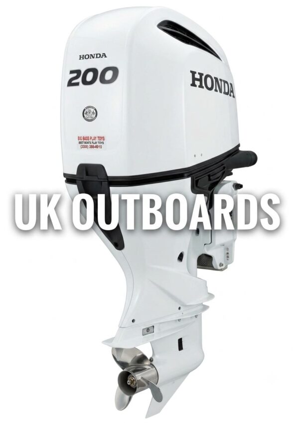 Premium Honda BF200 Outboard - 2022 200HP V6 4-Stroke Marine Engine Asset Sleek right profile view of a premium honda bf200 outboard motor showing its modern aerodynamic silver top cowl, integrated dual-channel air intakes, rugged midsection housing, and high-pressure hydraulic power trim rams.