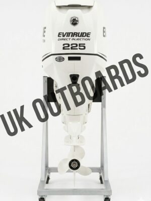 Right profile view of a clean, gloss white 2004 Evinrude 225HP Ficht RAM premium direct injection outboard motor mounted on a workshop engine testing stand, featuring its distinct modern top cowling graphics, a spotless midsection assembly, and a polished stainless steel three-blade propeller on the lower gearcase.