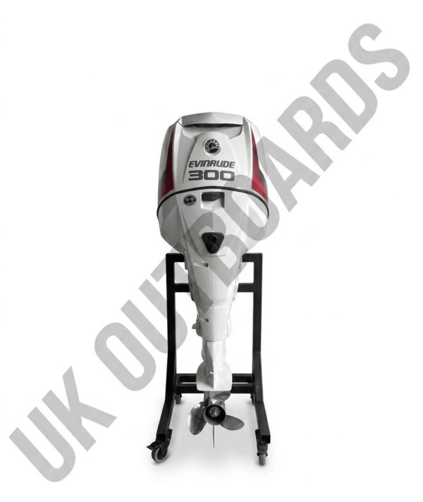 Elite High Output Outboard - 2016 Evinrude E-TEC 300HP G1 Engine Three-quarter profile view of an immaculate, gloss white 2016 Evinrude E-TEC 300HP G1 elite high output outboard motor, showcasing its aerodynamic top cowling with distinctive red accent graphics, clean midsection architecture, and an integrated lower gearcase with a matching stainless steel propeller.