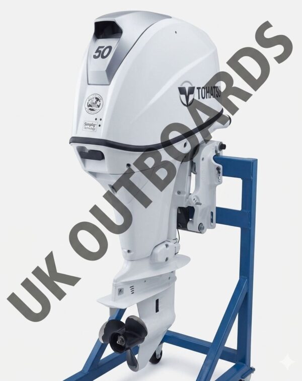 Efficient Fifty Horsepower Tohatsu - 2019 50HP MFS50A EFI Marine Outboard Direct rear profile view of an efficient fifty horsepower tohatsu outboard motor mounted on a heavy-duty shop rolling stand, displaying its sleek aqua marine blue fiberglass top cowling, clean midsection housing with integrated power trim tilt rams, and compact 15-inch short shaft gearcase.