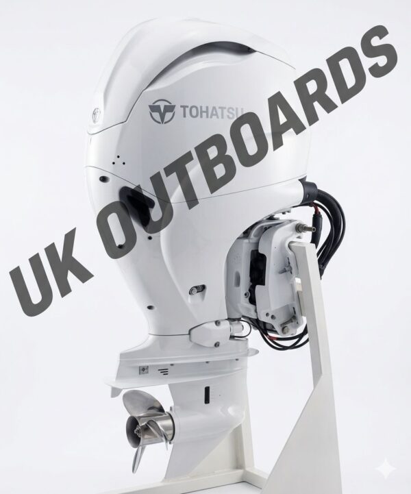 Premium Four Stroke Tohatsu - 2021 115HP MFS115A EFI Marine Propulsion Unit Sleek right profile view of a premium four stroke tohatsu outboard motor resting on a service hoist, highlighting its aerodynamic dark aqua marine blue top cowling, modern geometric accents, rugged midsection housing, and short twenty-inch transom shaft casing.