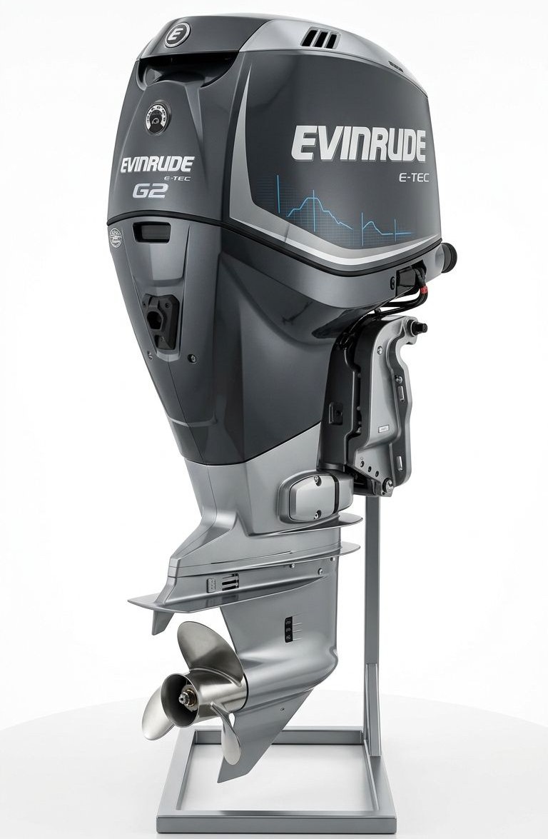 A clean Evinrude 300HP E-TEC direct-injection two-stroke motor, demonstrating the best outboard motors uk operators utilize for rapid acceleration.